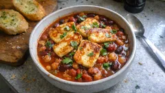 Quick bean & halloumi stew with tomato and chilli pesto (weeknight-friendly)