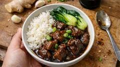 Chinese-style braised beef one-pot with five-spice, ginger and dark soy