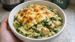 One-pan pesto chicken & spinach lasagne — finished under the grill for a golden top