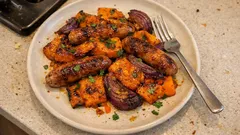 One-tin Smoky Sausage & Butternut Squash Traybake with a Honey-Harissa Glaze