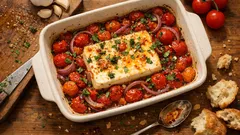 Baked feta with burst tomatoes & chilli honey – a simple oven starter for sharing