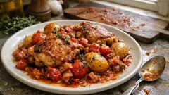 Amatriciana chicken traybake – juicy thighs, crispy pancetta and tender new potatoes