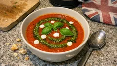 Quick Tomato & Basil Soup with a Pesto Swirl (Mostly Cupboard Staples)