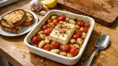 One-pan baked feta with tomatoes and butter beans – perfect with toasted sourdough
