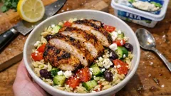 Marinated chicken with lemony orzo, tomato & feta – an easy Mediterranean supper