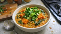 One-pot spinach, sweet potato & red lentil dhal – a cosy vegan weeknight supper