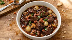 Beef bourguignon made simple: rich red-wine stew with bacon and mushrooms