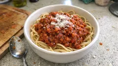 Comforting Lentil Bolognese with Spaghetti – rich, tomatoey and perfect for batch cooking