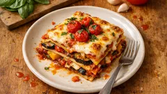 Roasted pepper and aubergine vegetarian lasagne with a golden, bubbling top